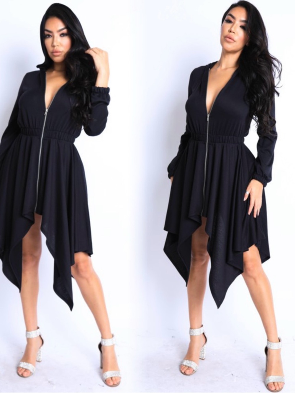 Women's Black Zip-Front Handkerchief Hem Dress